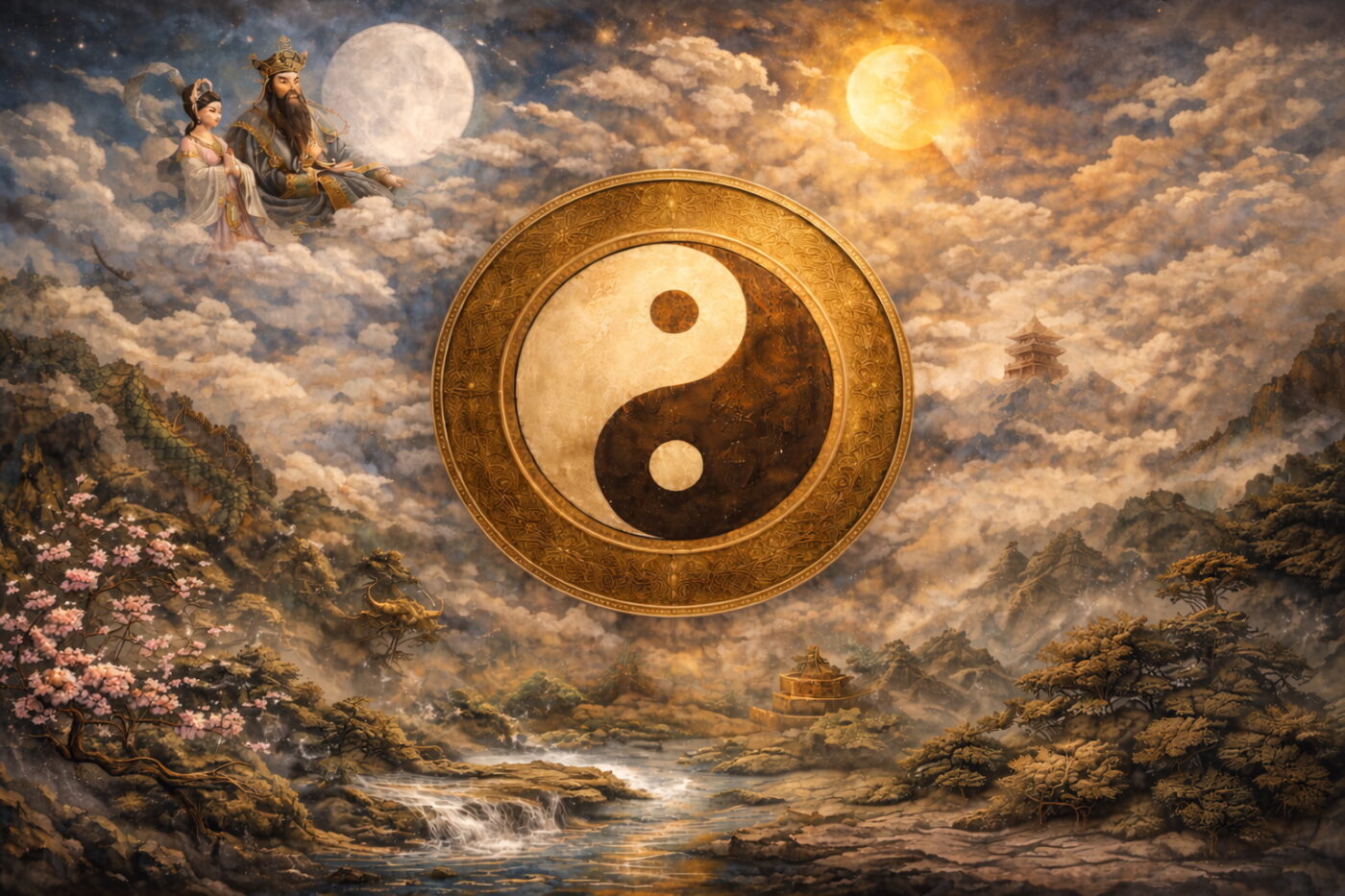 Gouden Yin-Yang symbool met Chinese mythische hemelsetting, Jade keizer en godin tussen wolken boven een mystiek berglandschap.