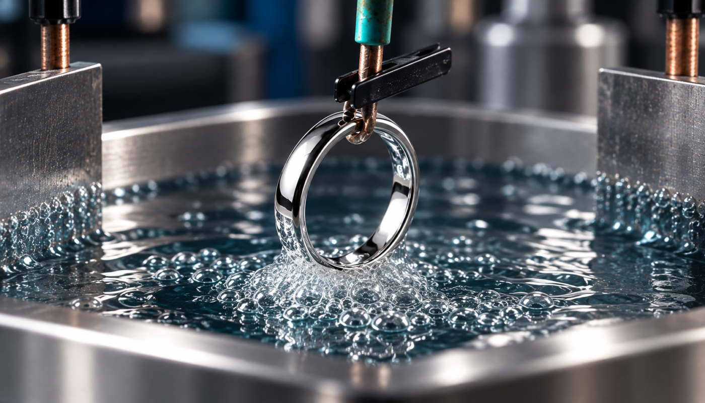 Gerhodineerd zilveren ring tijdens het rhodium plating proces